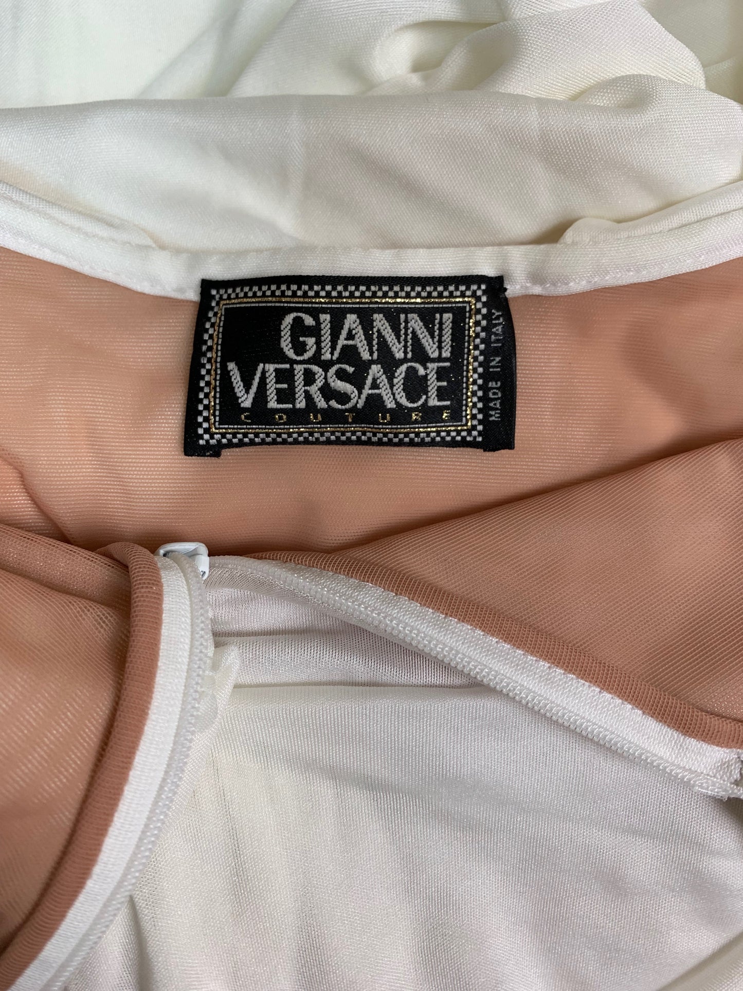 S/S 2000 Gianni Versace Runway White Plunging High Slits Beaded Gold Medusa Gown Dress