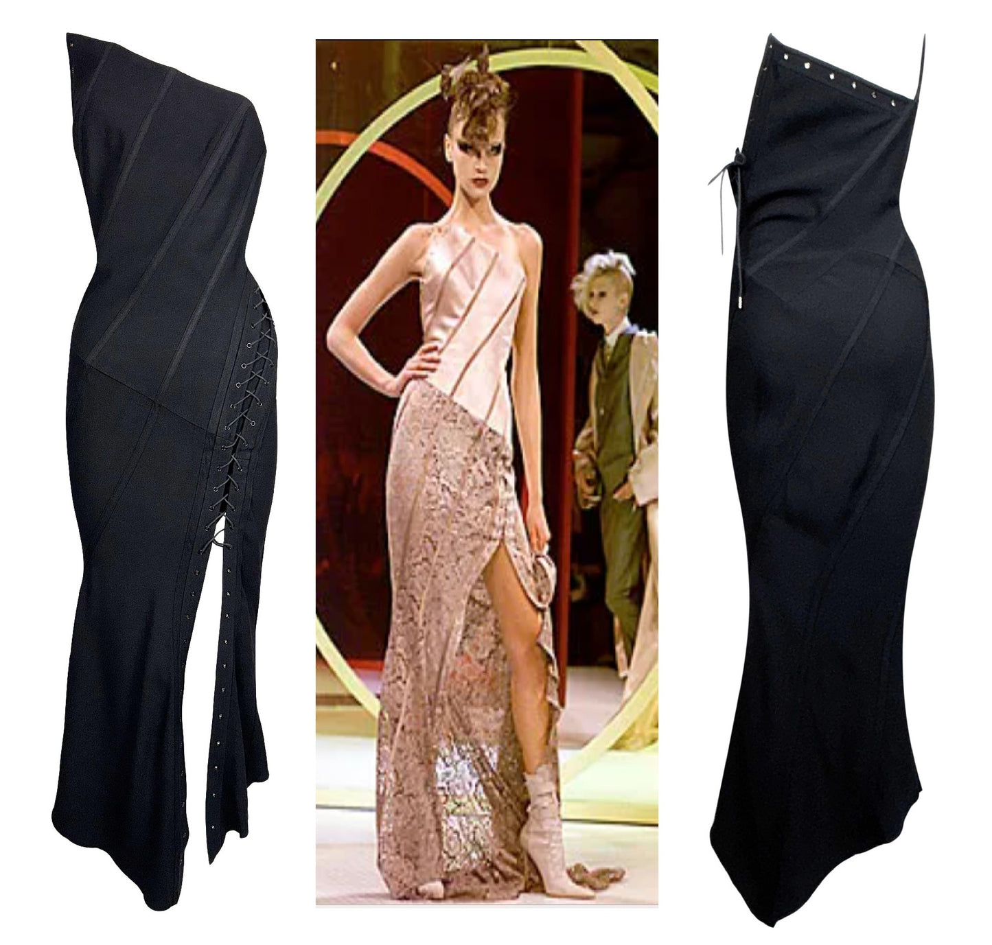 S/S 2000 John Galliano Runway Black Strapless Corset High Slit Maxi Dress
