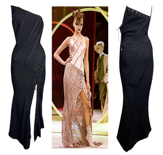 S/S 2000 John Galliano Runway Black Strapless Corset High Slit Maxi Dress