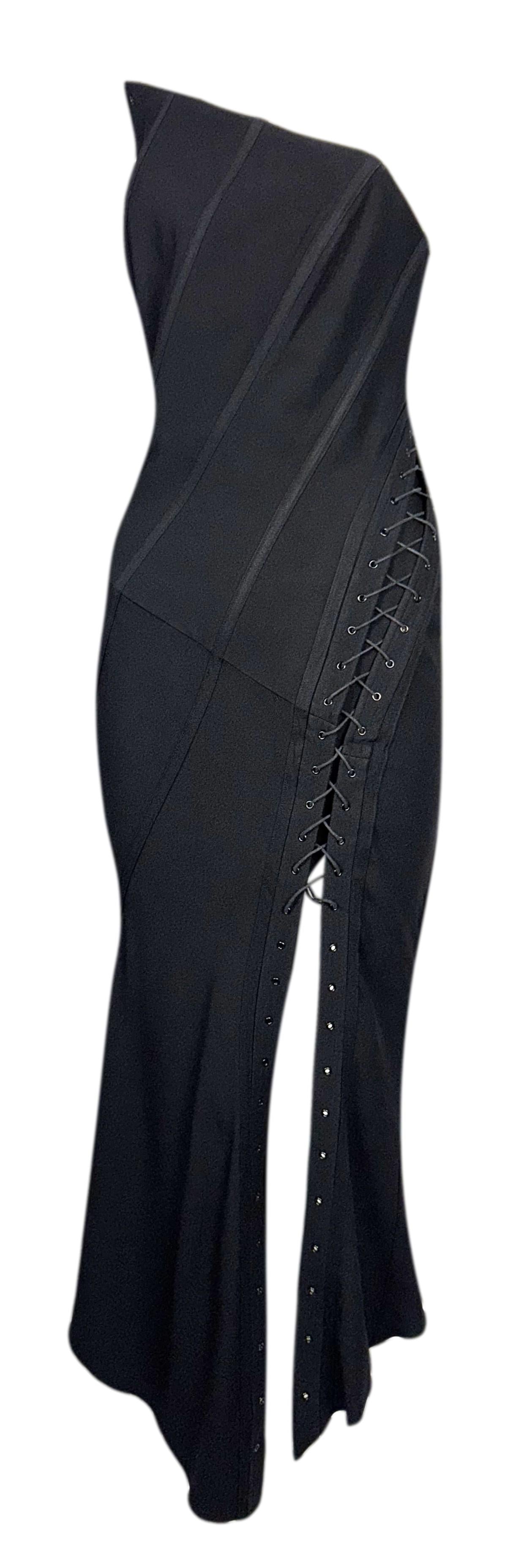 S/S 2000 John Galliano Runway Black Strapless Corset High Slit Maxi Dress