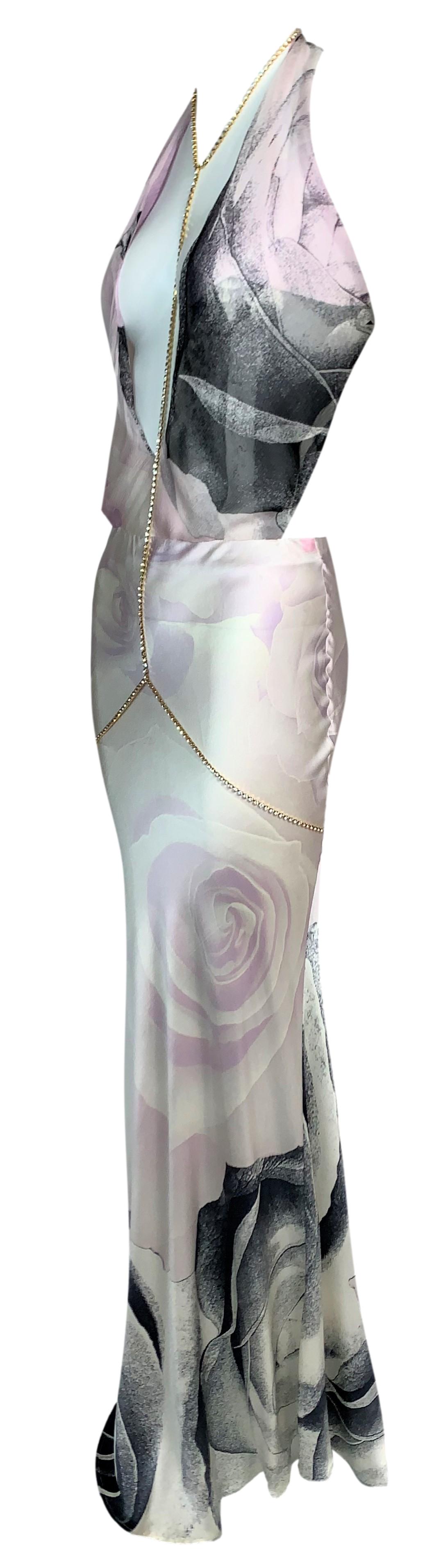 S/S 2000 Roberto Cavalli Runway Plunging Silk Dress w Crystal Chain Necklace