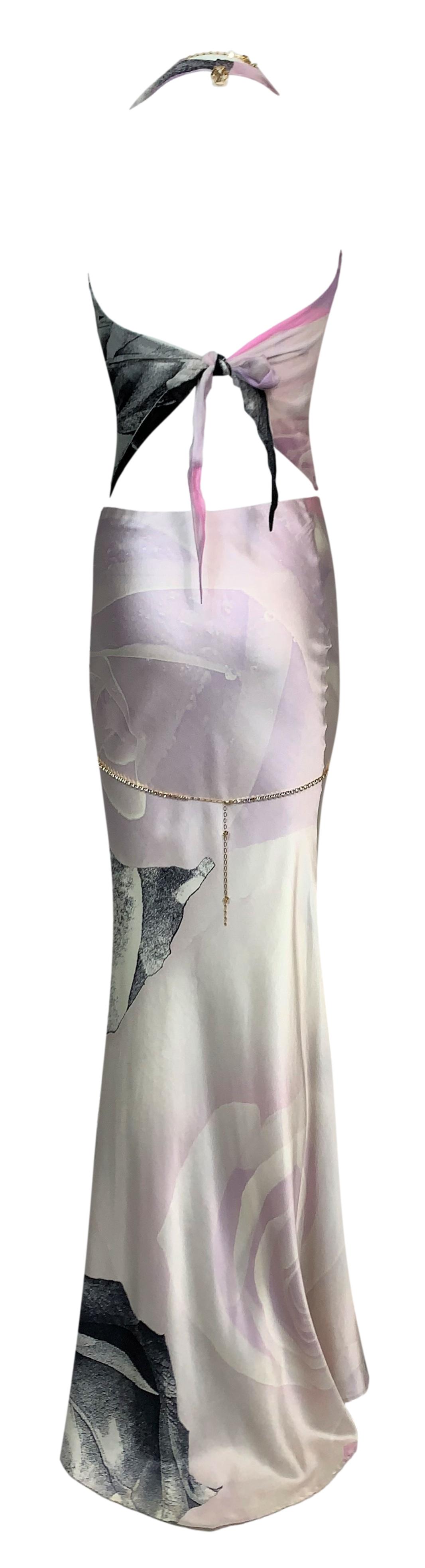 S/S 2000 Roberto Cavalli Runway Plunging Silk Dress w Crystal Chain Necklace