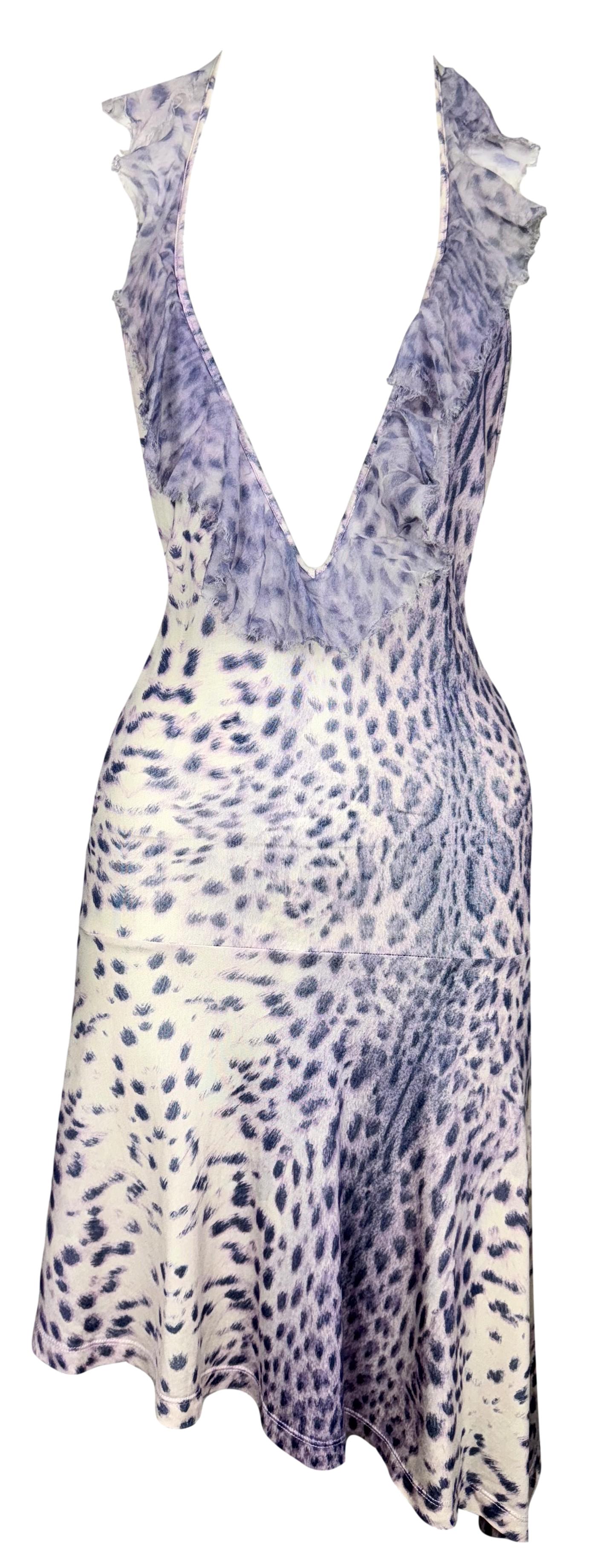 S/S 2000 Roberto Cavalli Plunging Jersey Silk Lavender Purple Ruffle Halter Mini Dress