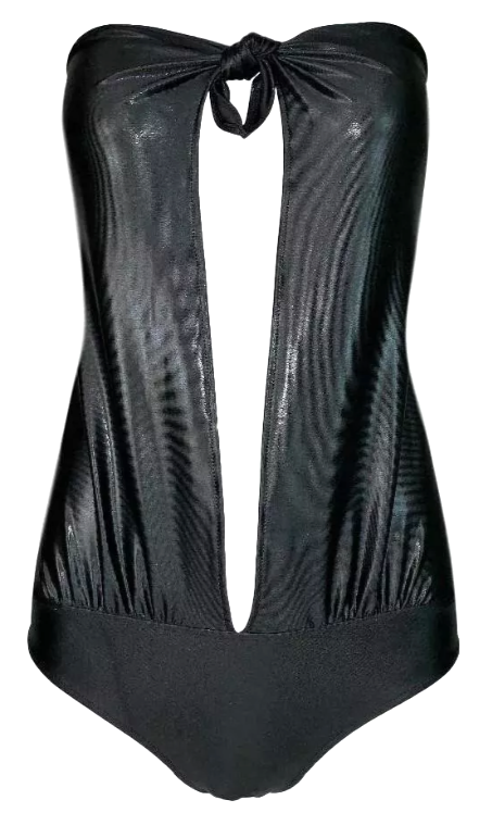 Unworn S/S 2000 Yves Saint Laurent Plunging Strapless Black Cut-Out Bodysuit Swimsuit Top