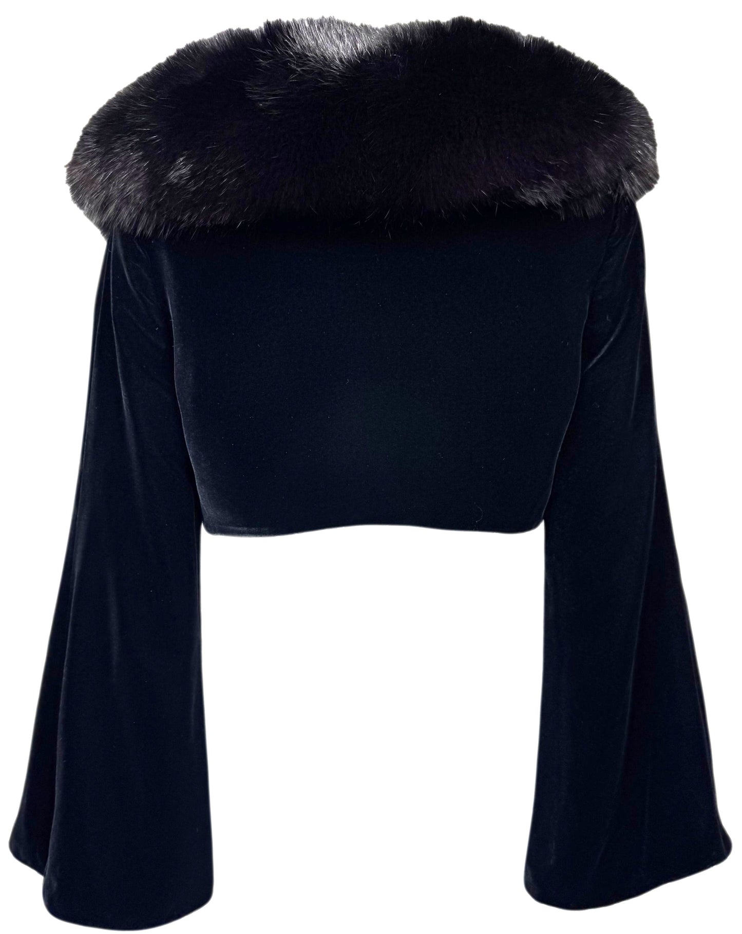 2000's Valentino Black Velvet Cropped Bell Sleeve Jacket w Fox Fur