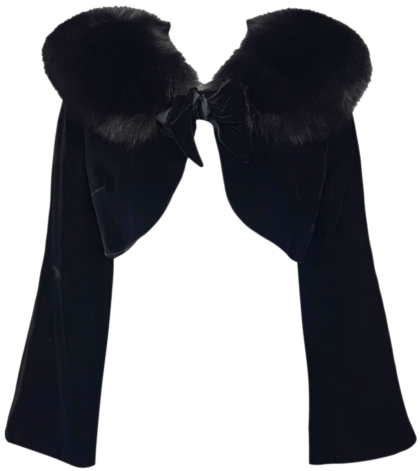 2000's Valentino Black Velvet Cropped Bell Sleeve Jacket w Fox Fur