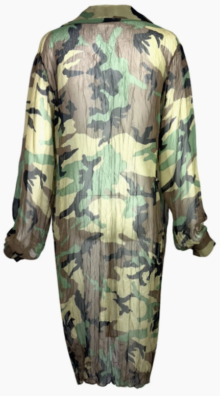 2001 Christian Dior x John Galliano Sheer Camo Camouflage Button Down Dress Shirt Tunic