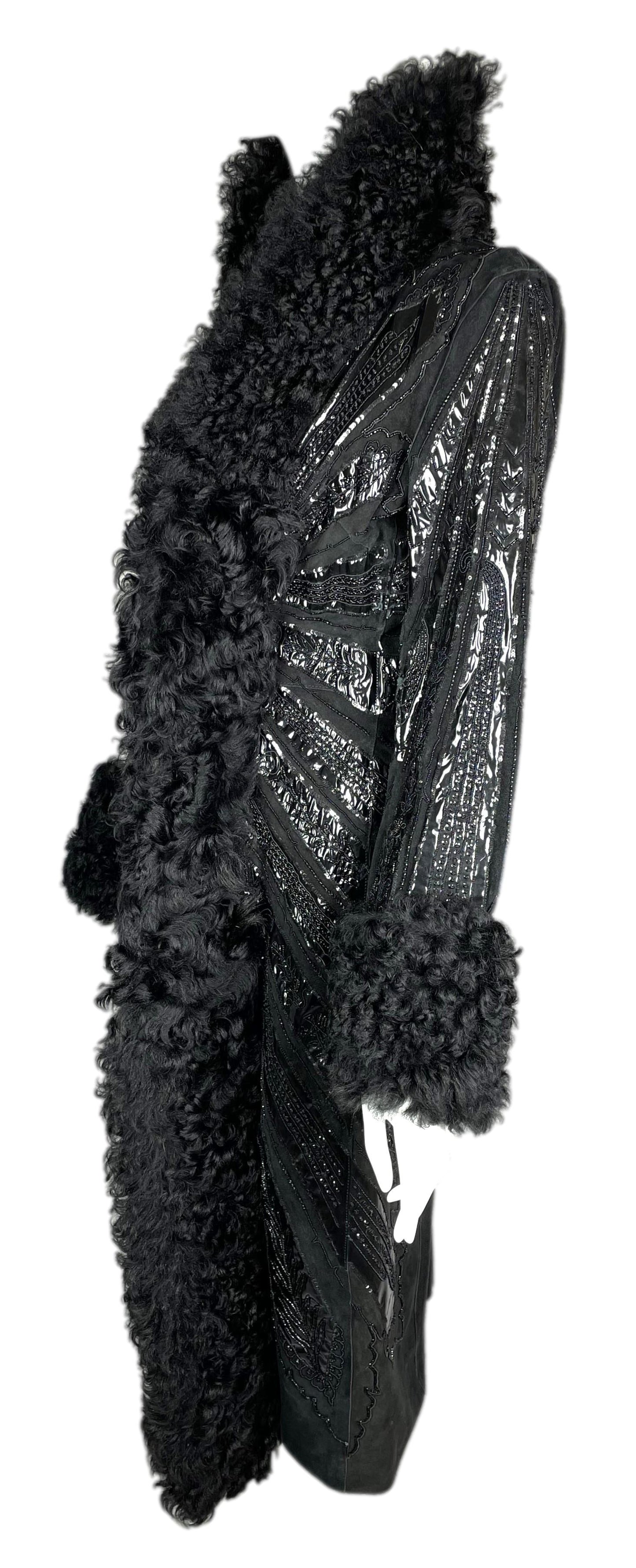 F/W 2001 Dolce & Gabbana Runway Black Leather Shearling Fur Embellished Long Coat