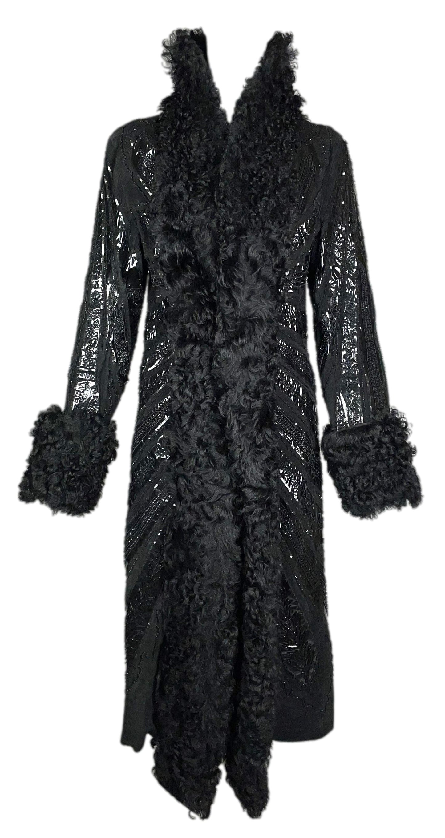 F/W 2001 Dolce & Gabbana Runway Black Leather Shearling Fur Embellished Long Coat