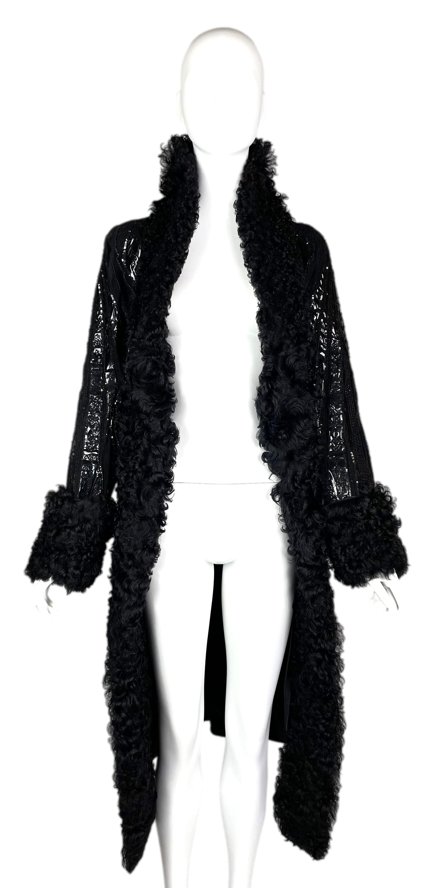 F/W 2001 Dolce & Gabbana Runway Black Leather Shearling Fur Embellished Long Coat