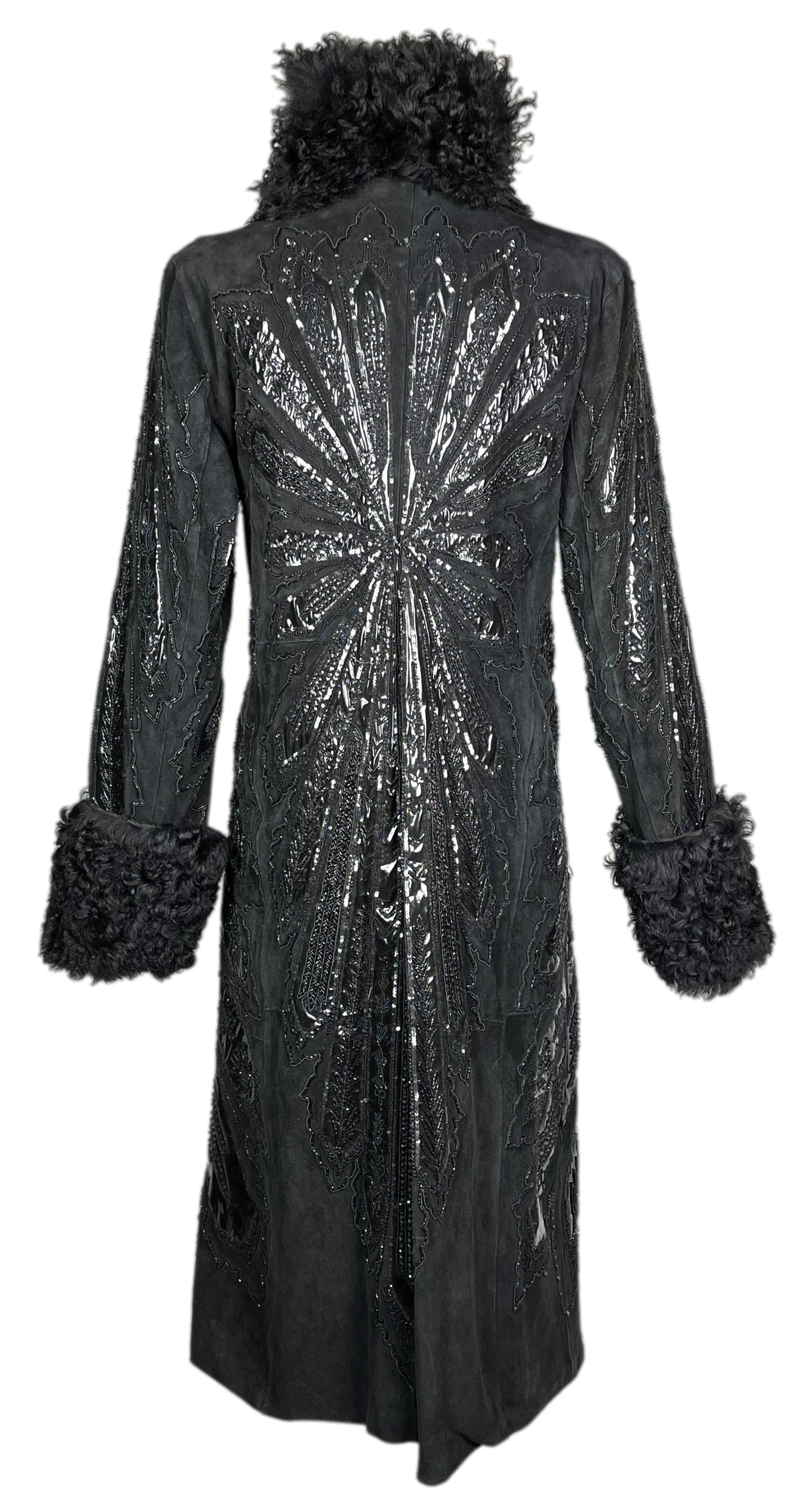 F/W 2001 Dolce & Gabbana Runway Black Leather Shearling Fur Embellished Long Coat