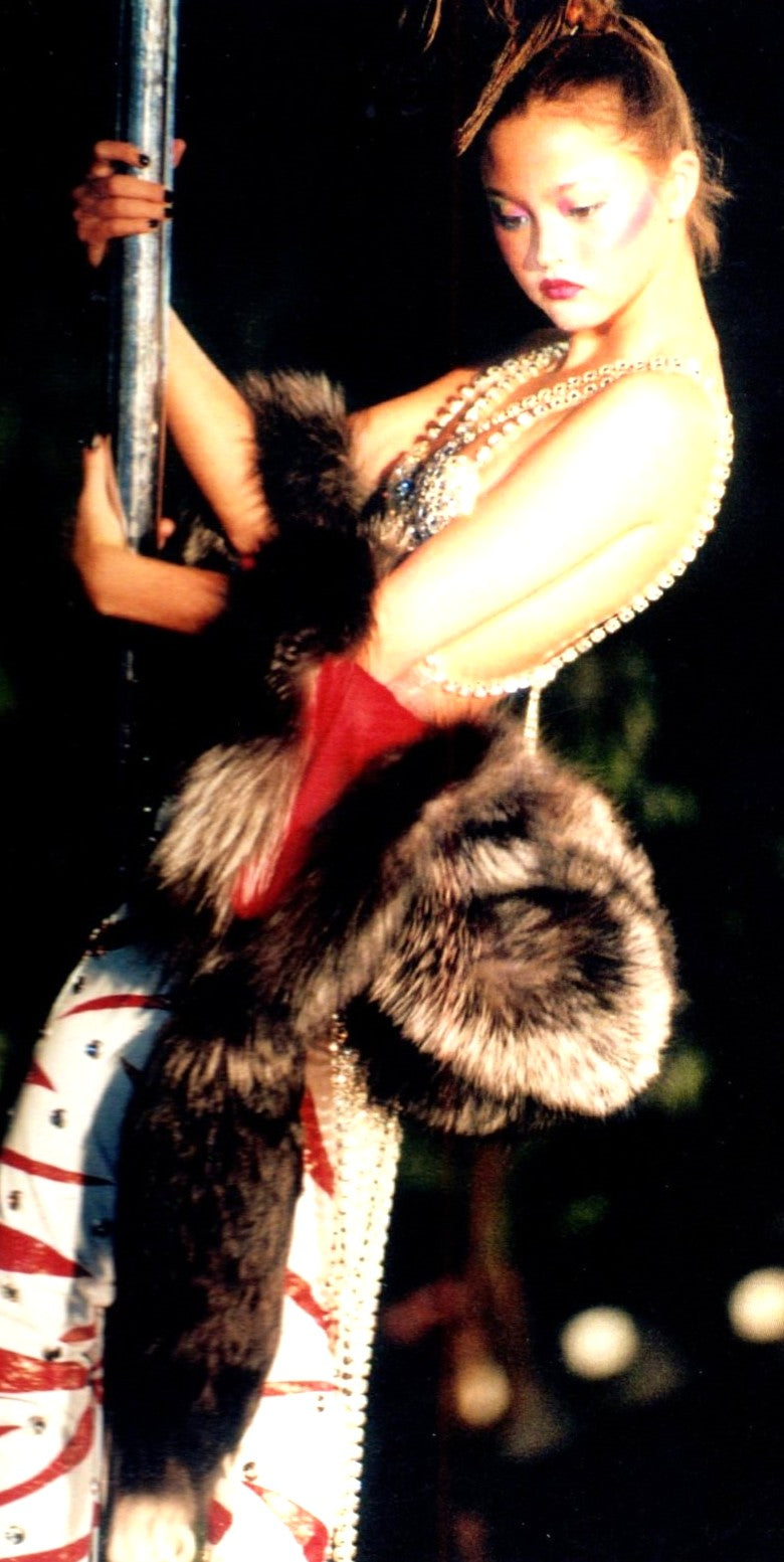 F/W 2001 Fausto Puglisi Runway Sheer Black Lace Top Leather Embellished Galaxy Ultra Low Rise Pants Wide Crystal Belt & Fox Fur Shawl