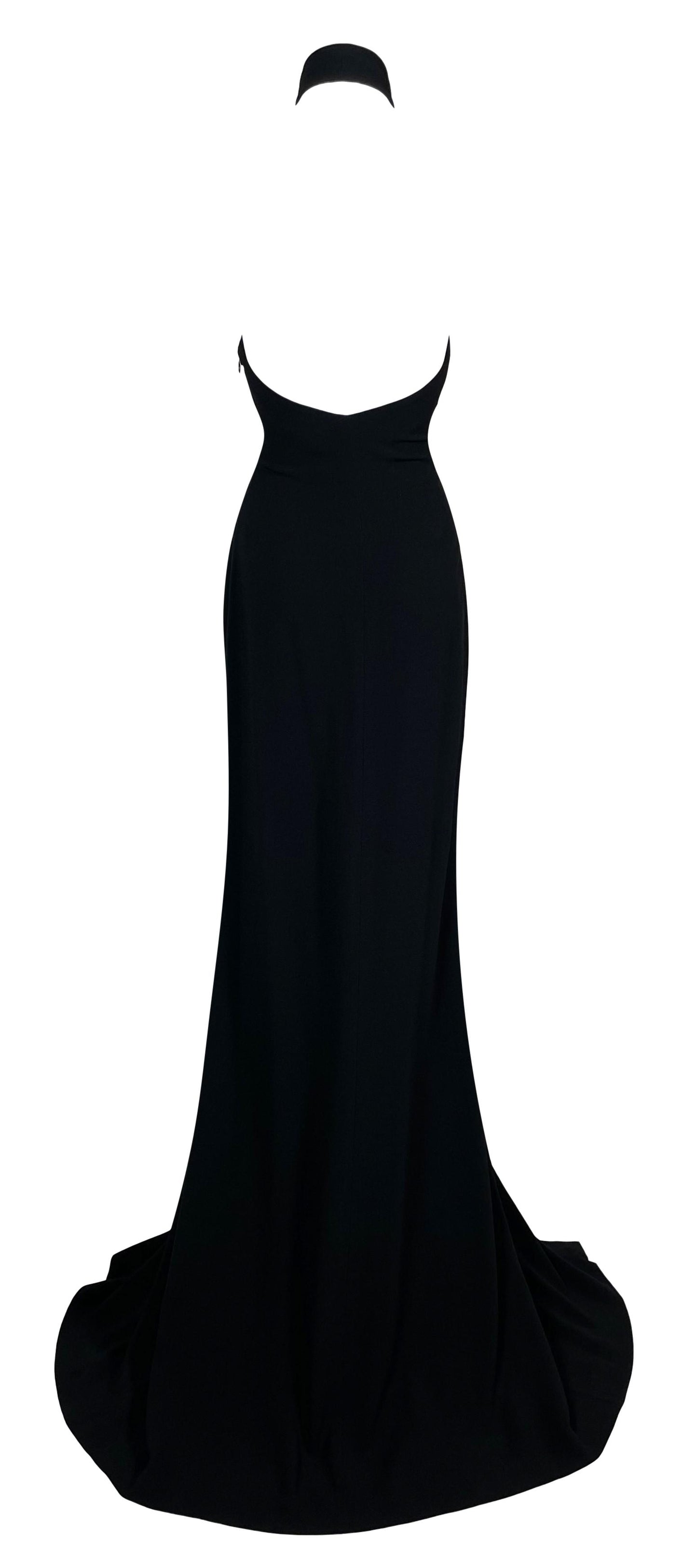 Vintage F/W 2001 Ralph Lauren Collection Black Goth Princess Choker Plunging Gown Dress w High Slit