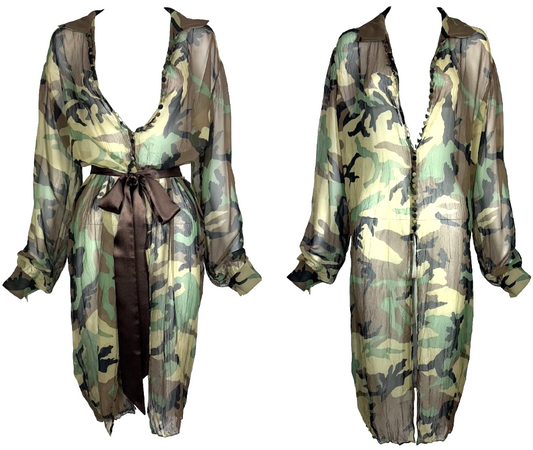 2001 Christian Dior x John Galliano Sheer Camo Camouflage Button Down Dress Shirt Tunic