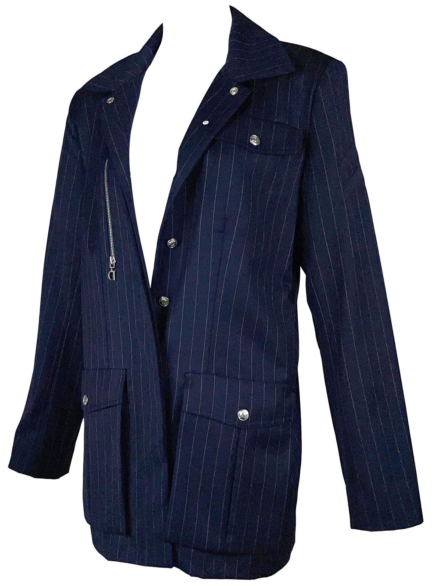 S/S 2001 Christian Dior by John Galliano Navy Blue Pinstripe Air Force Military Jacket
