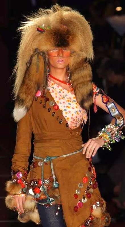 F/W 2001 Christian Dior x John Galliano Haute Couture Runway Open Chest Native American Embellished Fur Leather One Sleeve Mini Dress
