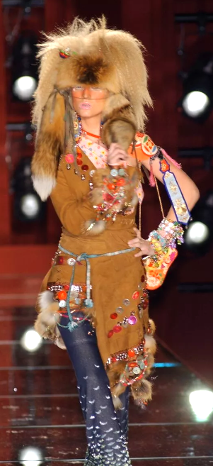 F/W 2001 Christian Dior x John Galliano Haute Couture Runway Open Chest Native American Embellished Fur Leather One Sleeve Mini Dress