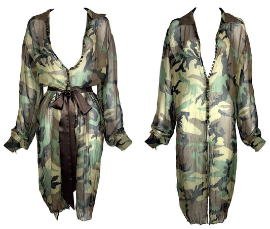 C. 2001 Christian Dior by John Galliano Sheer Silk Camo Print Long Shirt Dress w Belt