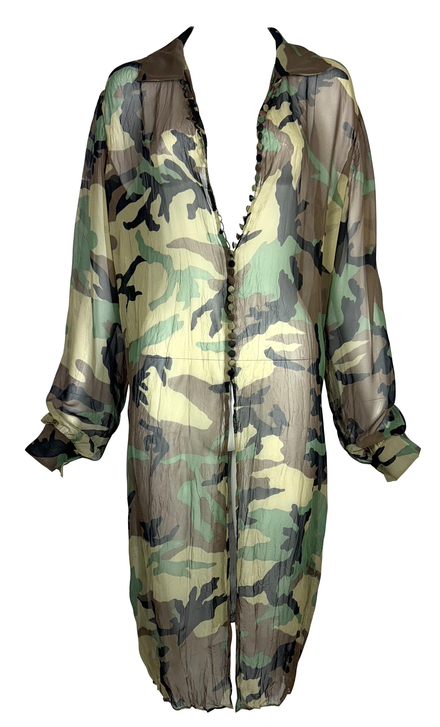 C. 2001 Christian Dior by John Galliano Sheer Silk Camo Print Long Shirt Dress w Belt