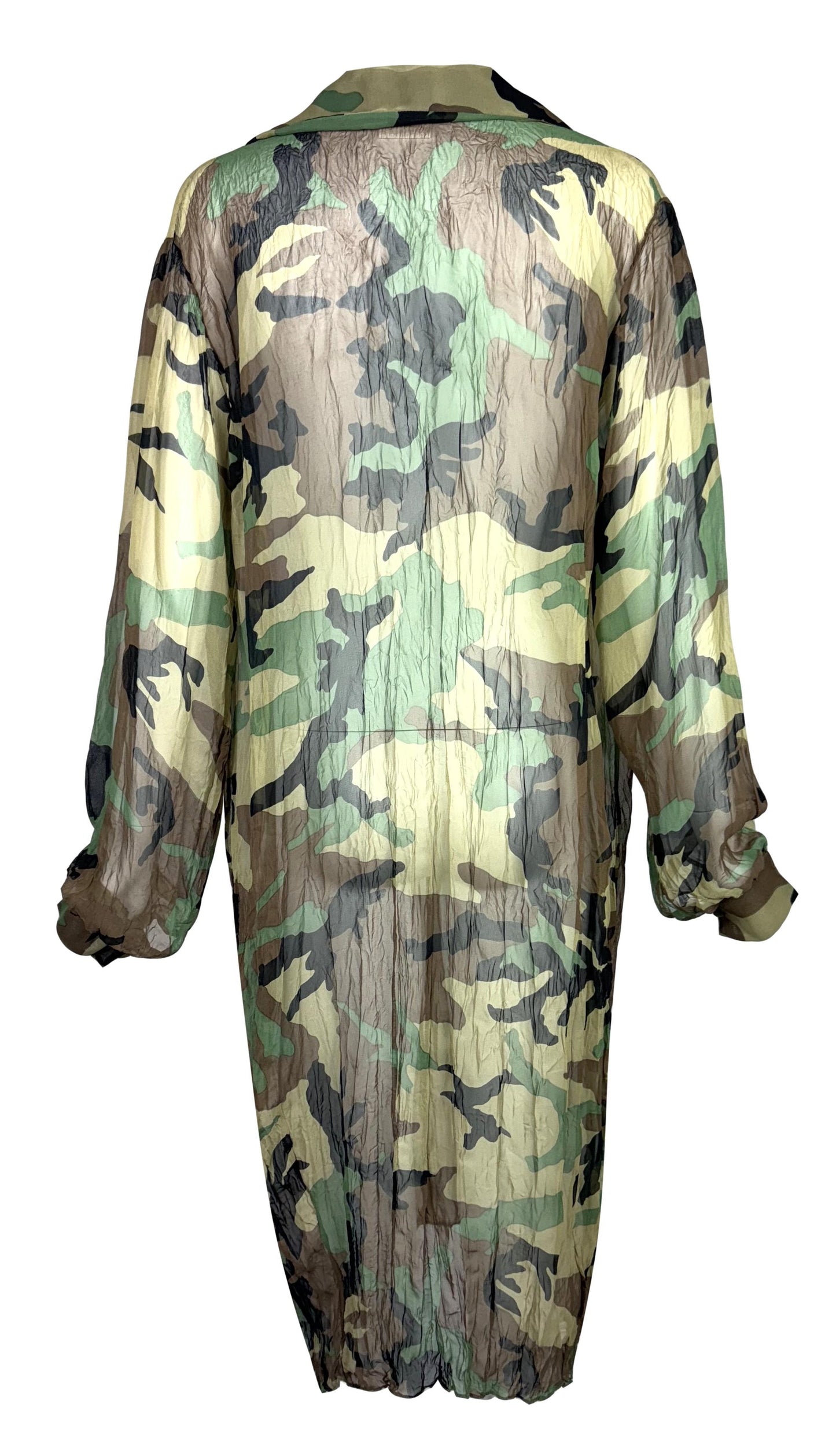 C. 2001 Christian Dior by John Galliano Sheer Silk Camo Print Long Shirt Dress w Belt