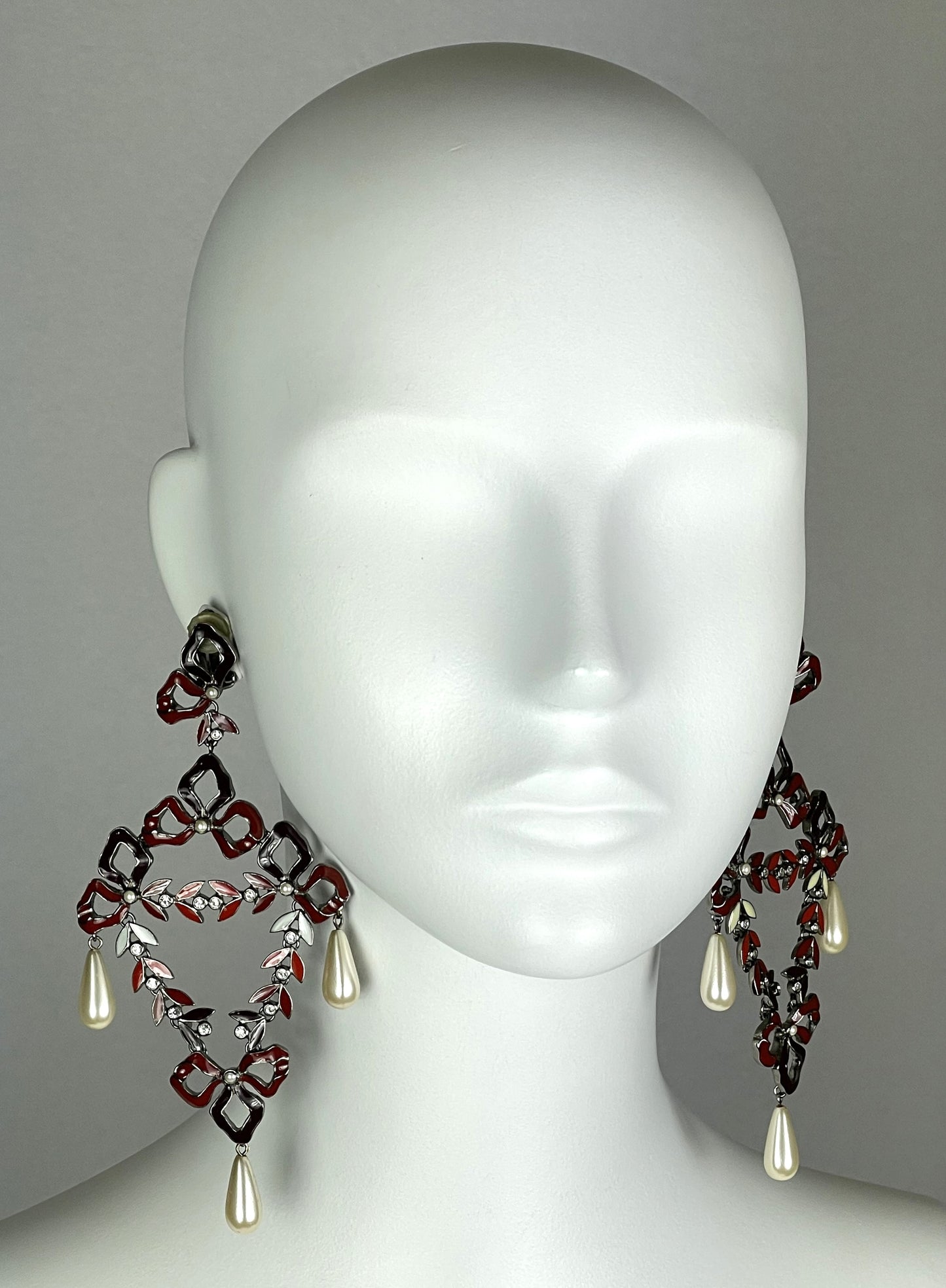 C. 2001 Christian Dior by John Galliano Extra Large Red Ribbon Bow Earrings w Pearl Drops