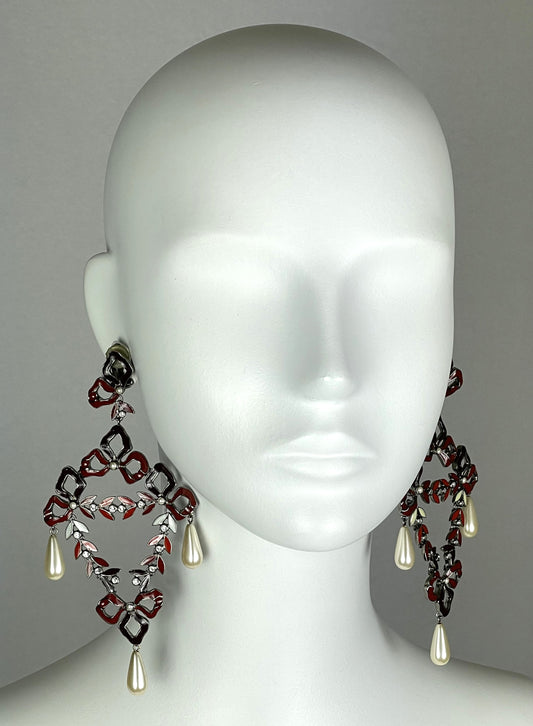 C. 2001 Christian Dior by John Galliano Extra Large Red Ribbon Bow Earrings w Pearl Drops