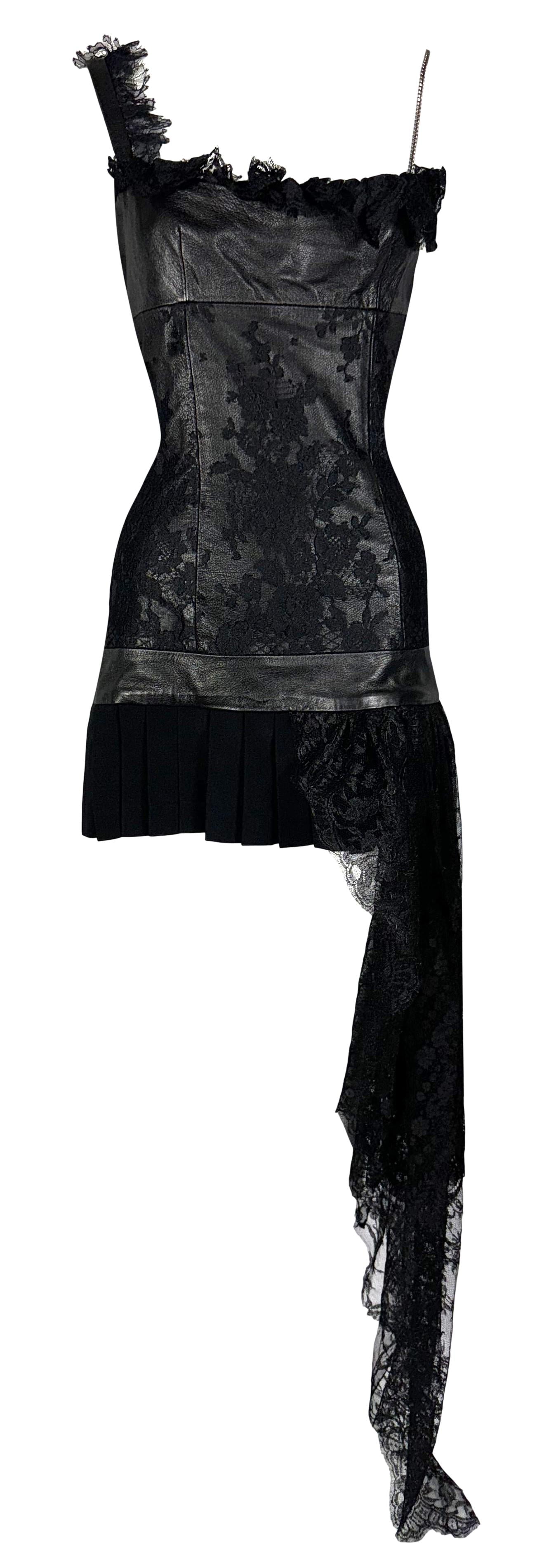 2001 Fausto Puglisi Black Lace & Leather Rocker Chain Strap Mini Dress