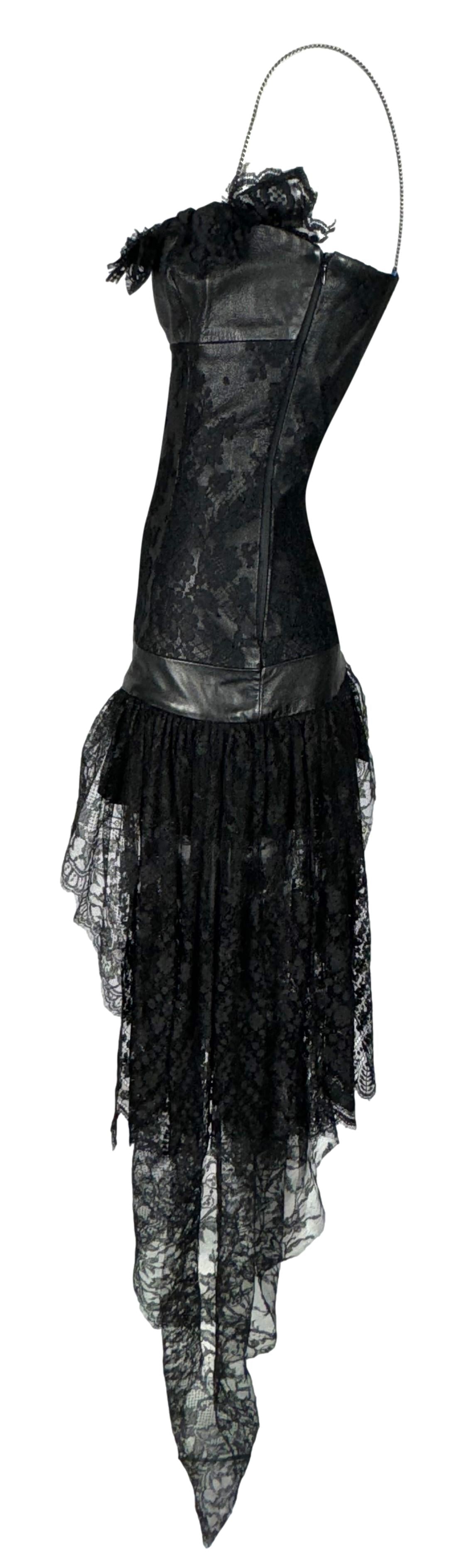 2001 Fausto Puglisi Black Lace & Leather Rocker Chain Strap Mini Dress