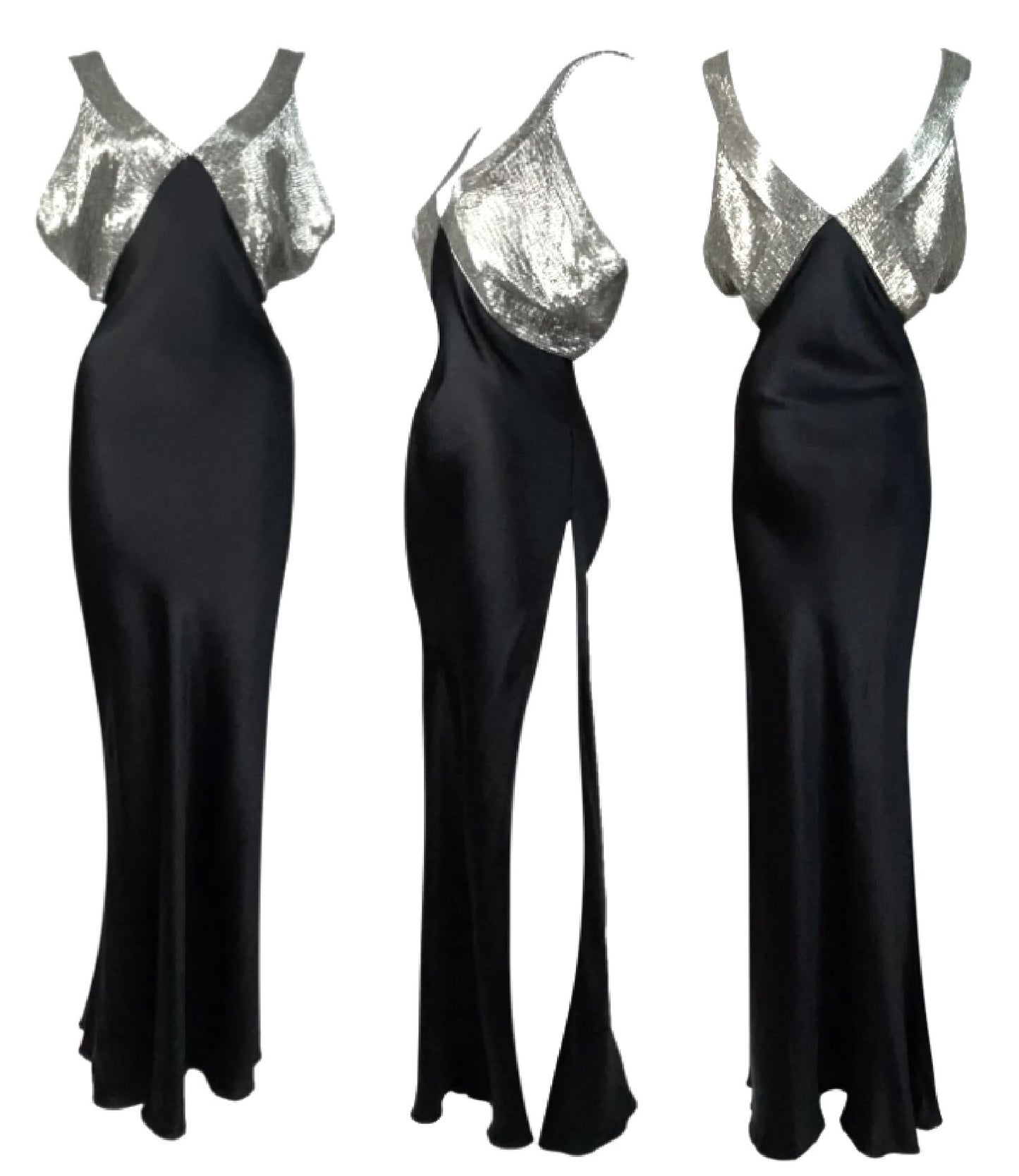 F/W 2001 Christian Dior by John Galliano 30's Style Black Beaded High Slit Silk Maxi Dress