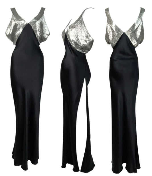 F/W 2001 Christian Dior by John Galliano 30's Style Black Beaded High Slit Silk Maxi Dress