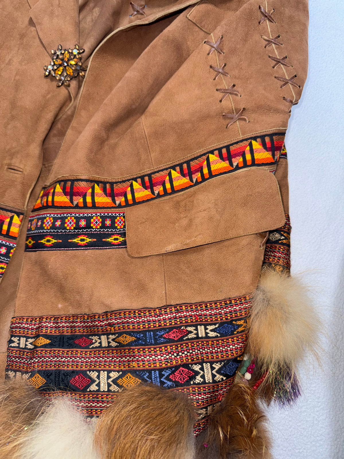 F/W 2001 Christian Dior x John Galliano Haute Couture Runway Open Chest Native American Embellished Fur Leather One Sleeve Mini Dress Jacket