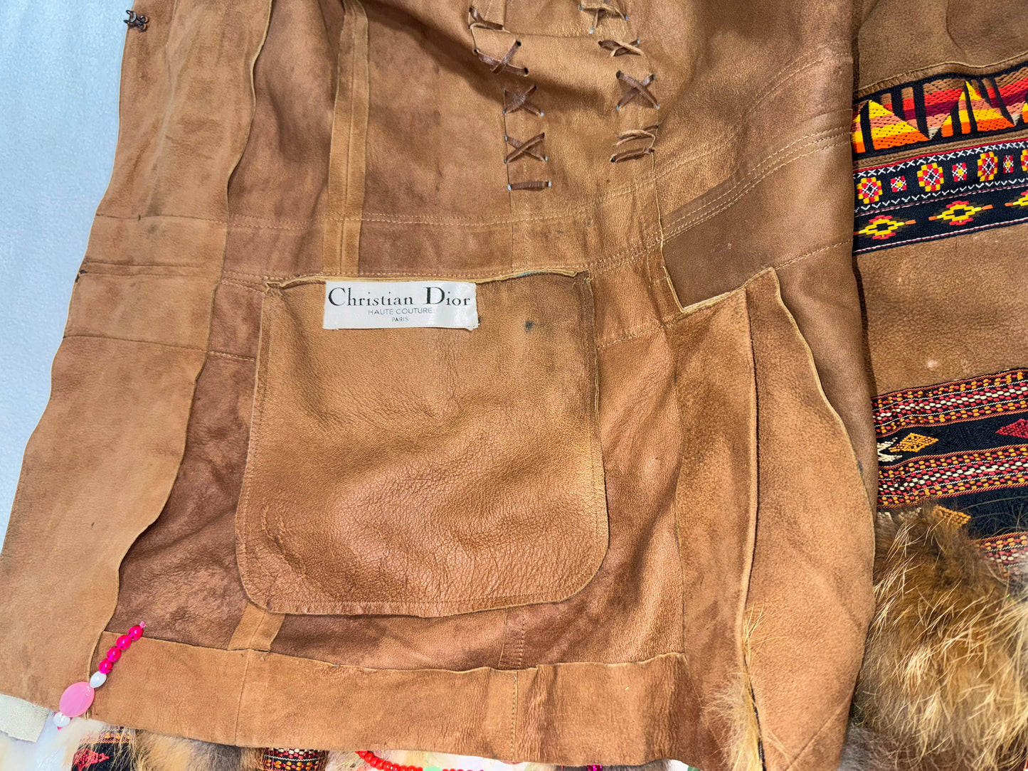 F/W 2001 Christian Dior x John Galliano Haute Couture Runway Open Chest Native American Embellished Fur Leather One Sleeve Mini Dress