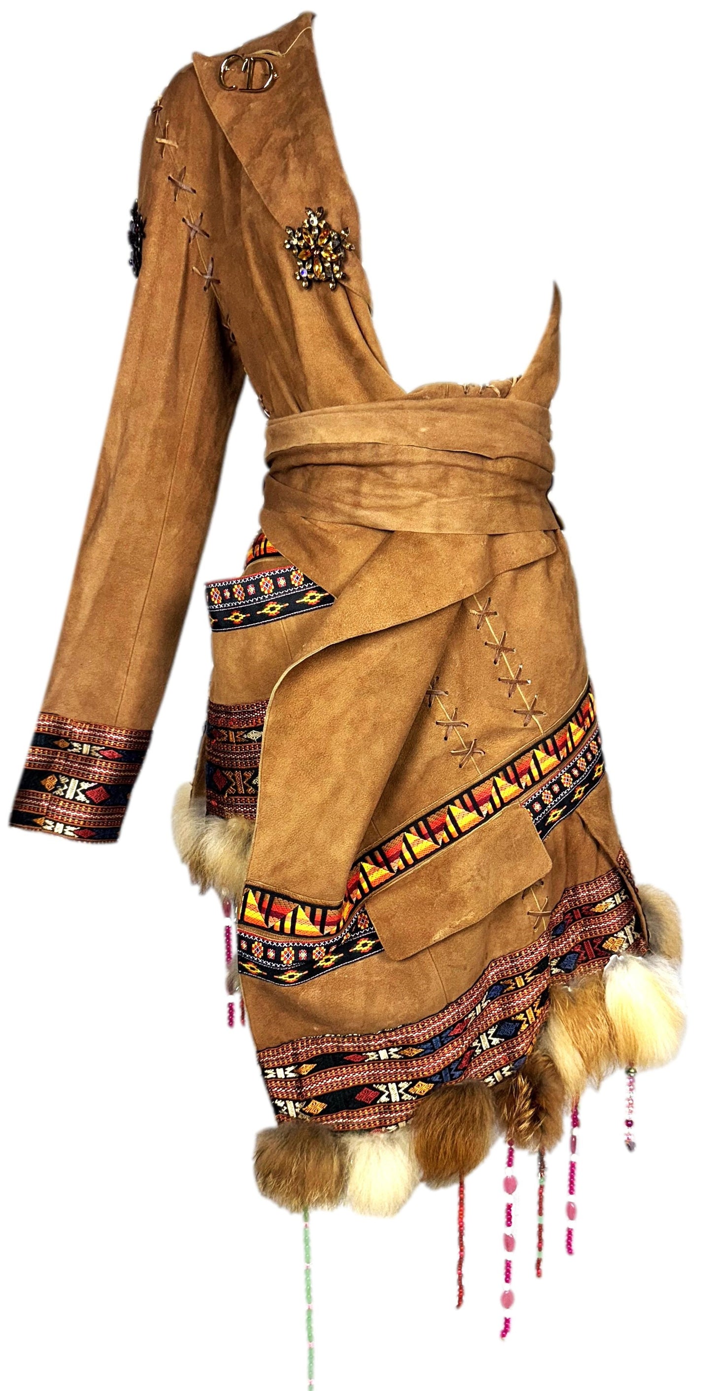 F/W 2001 Christian Dior x John Galliano Haute Couture Runway Open Chest Native American Embellished Fur Leather One Sleeve Mini Dress