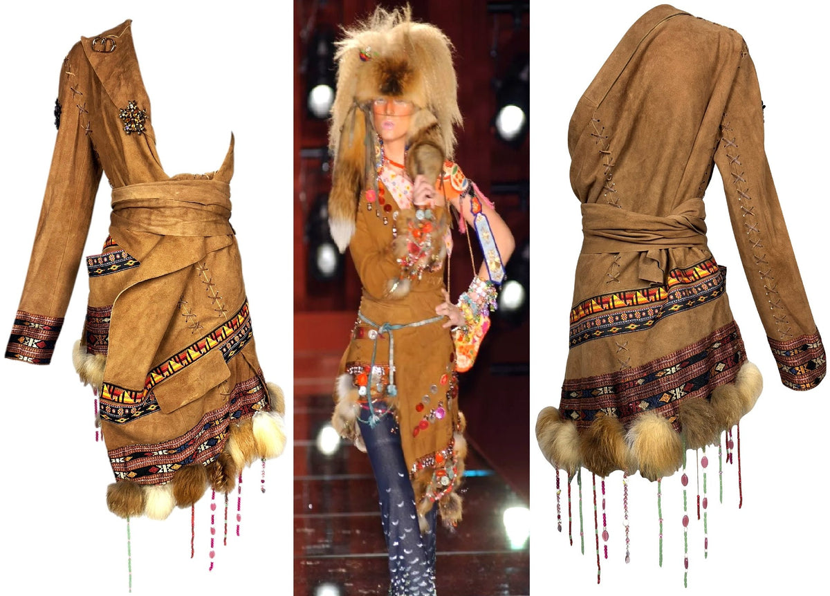 F/W 2001 Christian Dior x John Galliano Haute Couture Runway Open Chest Native American Embellished Fur Leather One Sleeve Mini Dress Jacket
