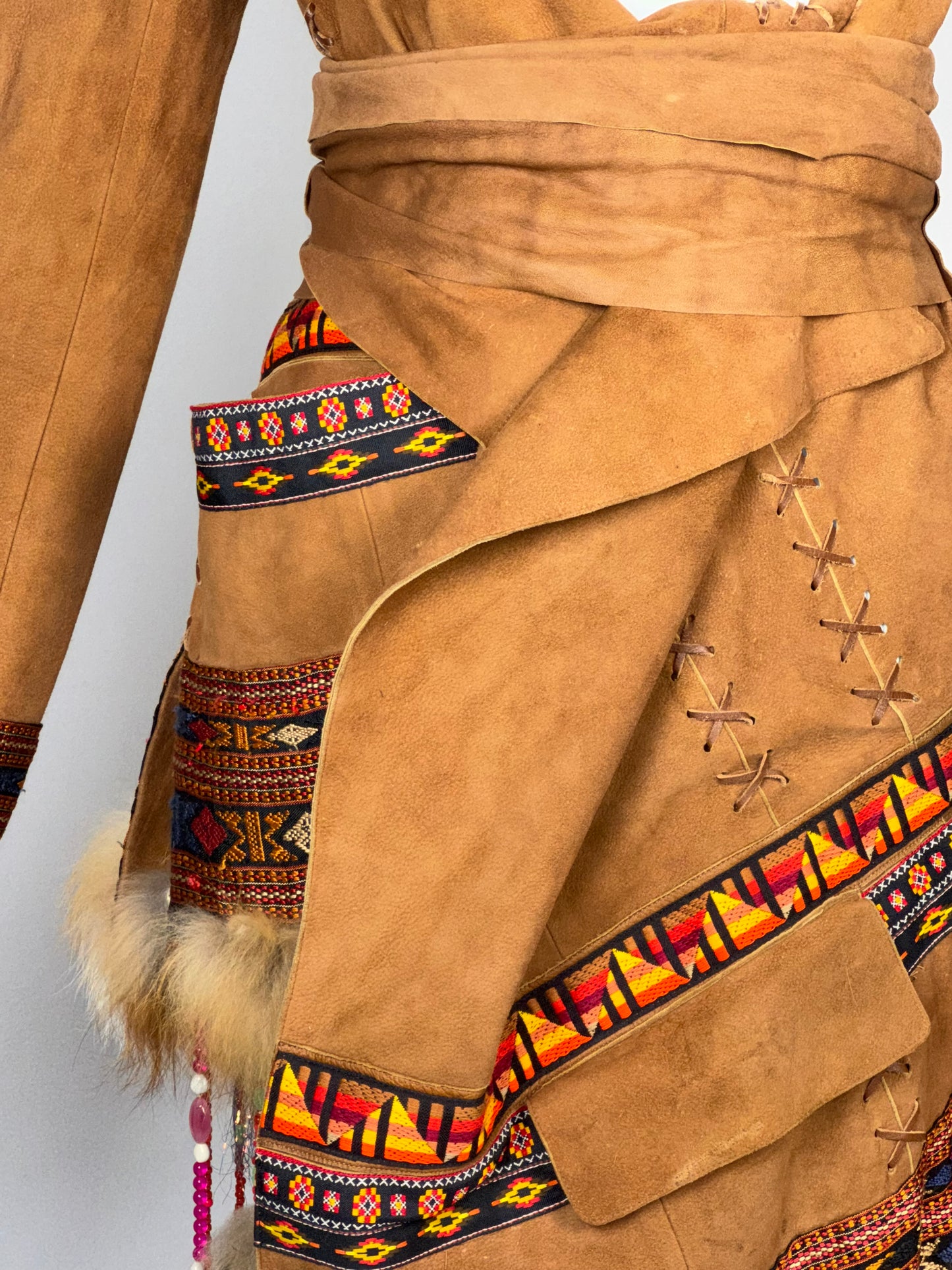 F/W 2001 Christian Dior x John Galliano Haute Couture Runway Open Chest Native American Embellished Fur Leather One Sleeve Mini Dress