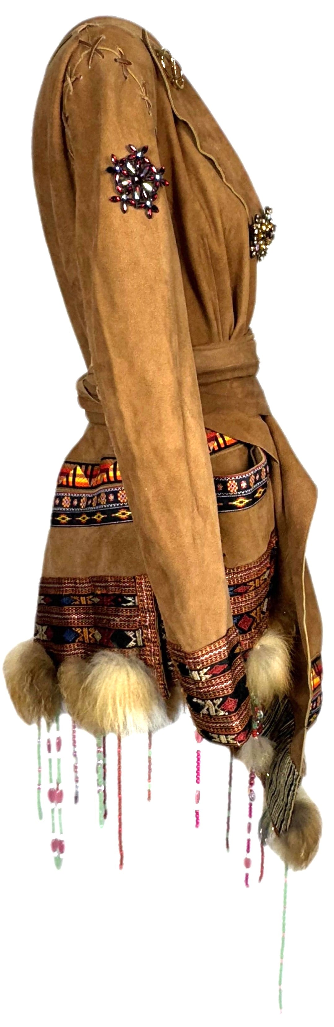 F/W 2001 Christian Dior x John Galliano Haute Couture Runway Open Chest Native American Embellished Fur Leather One Sleeve Mini Dress Jacket