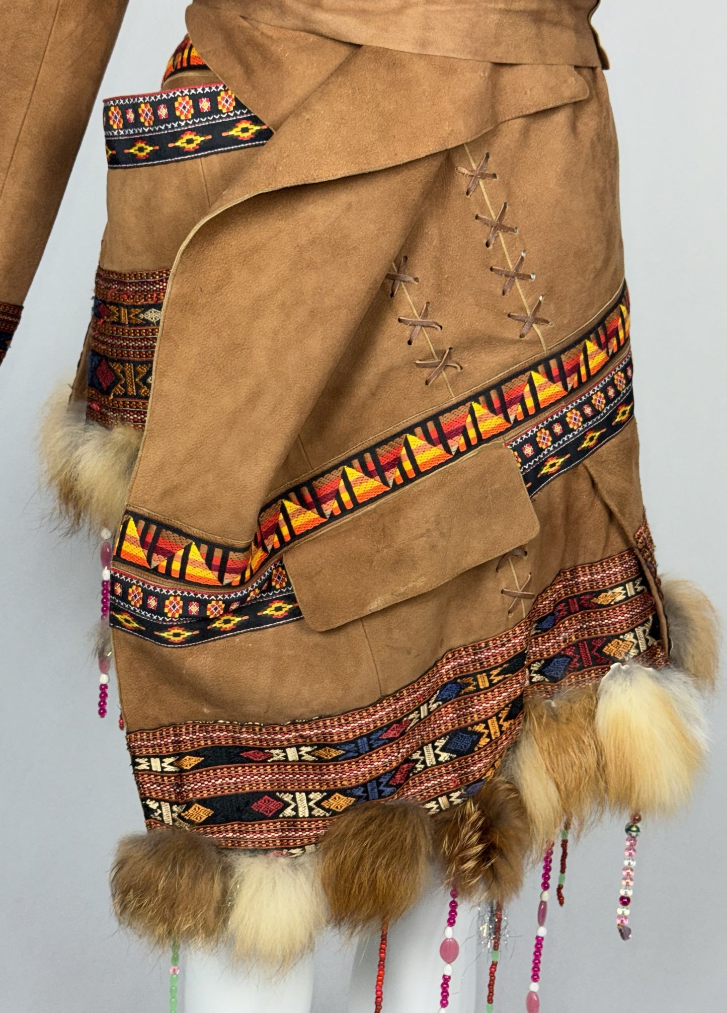 F/W 2001 Christian Dior x John Galliano Haute Couture Runway Open Chest Native American Embellished Fur Leather One Sleeve Mini Dress