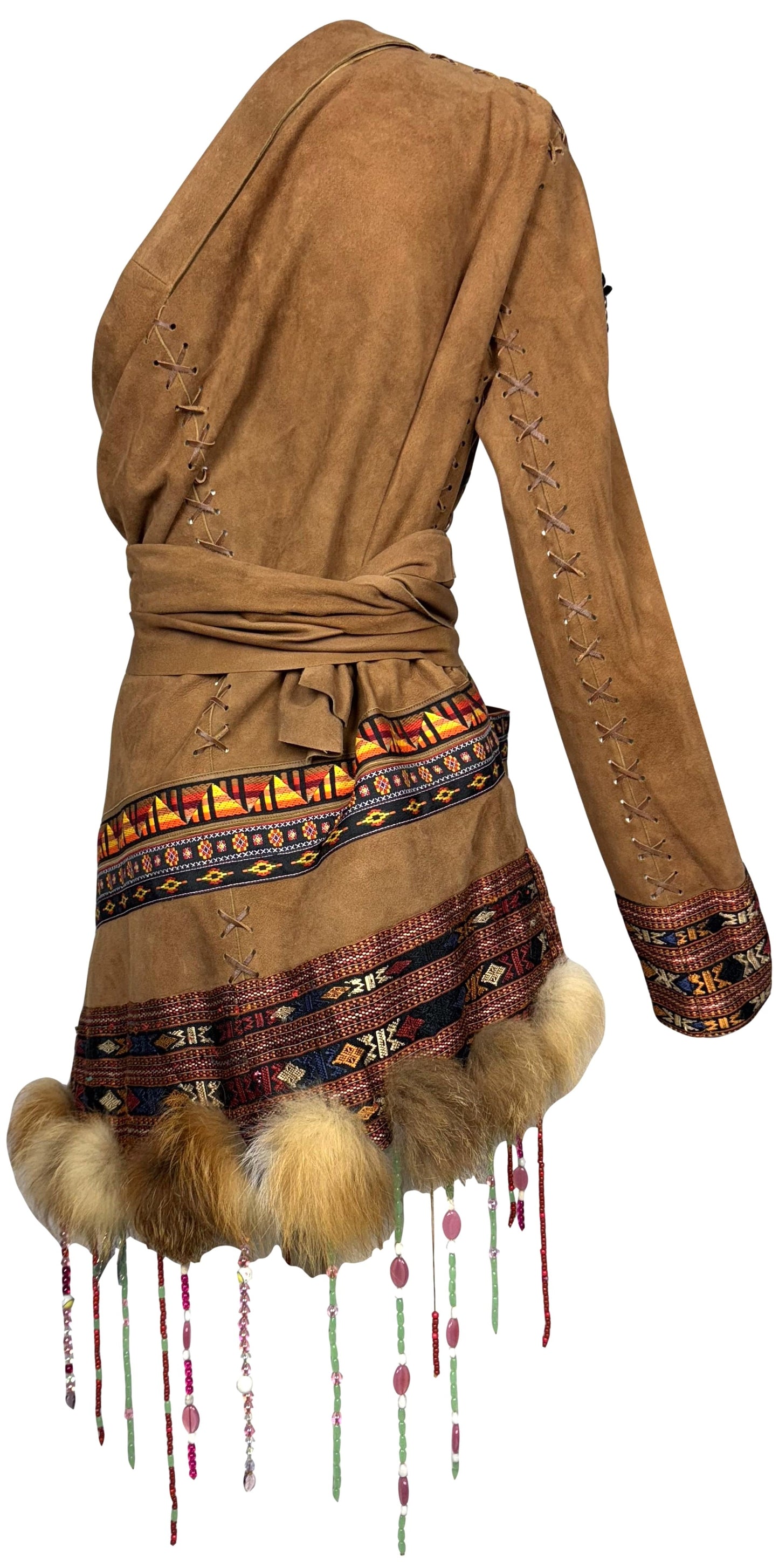 F/W 2001 Christian Dior x John Galliano Haute Couture Runway Open Chest Native American Embellished Fur Leather One Sleeve Mini Dress