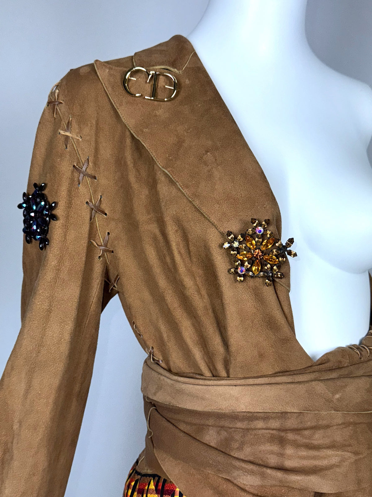 F/W 2001 Christian Dior x John Galliano Haute Couture Runway Open Chest Native American Embellished Fur Leather One Sleeve Mini Dress Jacket