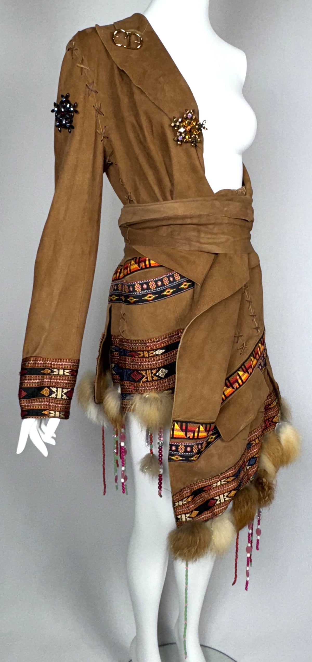 F/W 2001 Christian Dior x John Galliano Haute Couture Runway Open Chest Native American Embellished Fur Leather One Sleeve Mini Dress Jacket