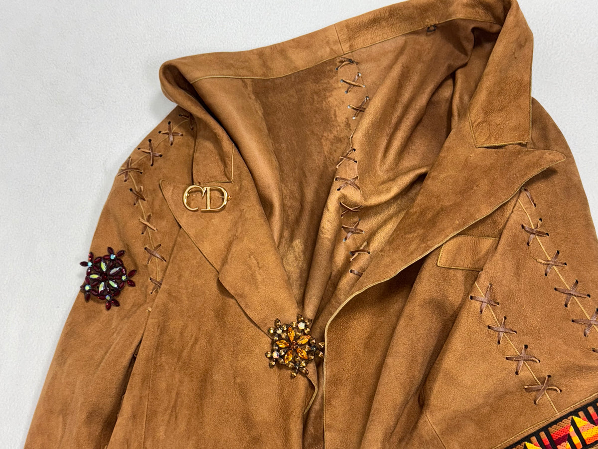 F/W 2001 Christian Dior x John Galliano Haute Couture Runway Open Chest Native American Embellished Fur Leather One Sleeve Mini Dress Jacket