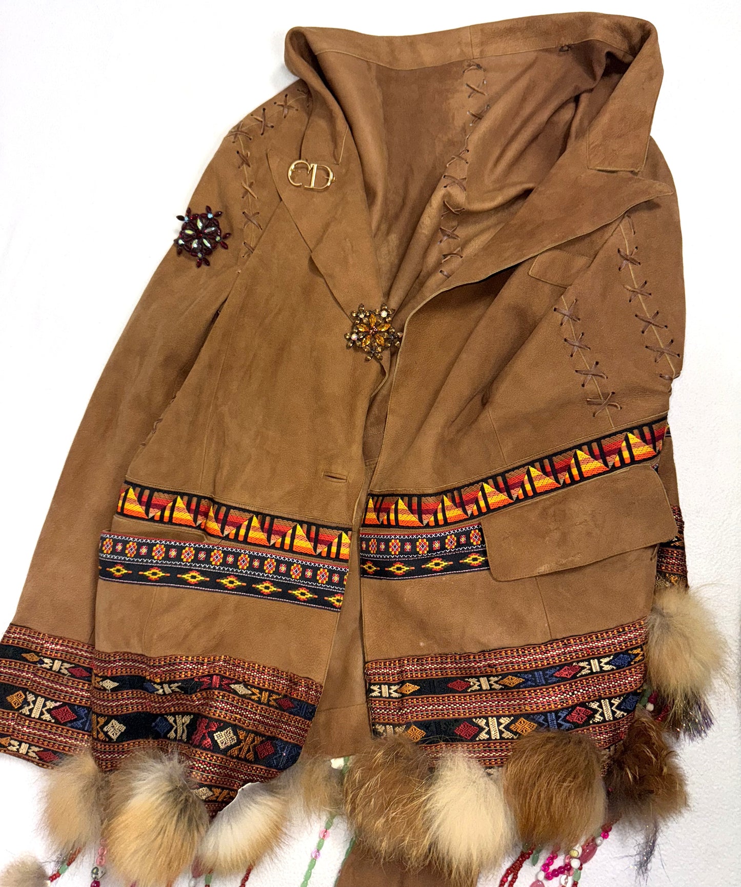 F/W 2001 Christian Dior x John Galliano Haute Couture Runway Open Chest Native American Embellished Fur Leather One Sleeve Mini Dress