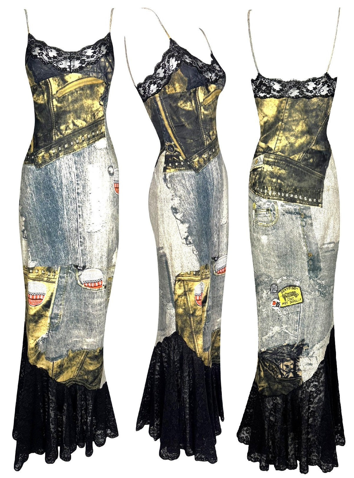 F/W 2001 Christian Dior by John Galliano RARE Trompe L'oeil Leather Mermaid Maxi Dress w Black Lace Trim