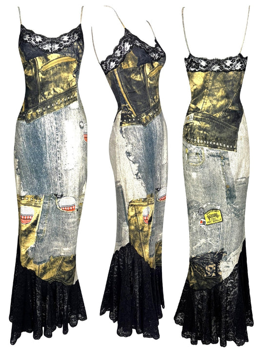 F/W 2001 Christian Dior by John Galliano RARE Trompe L'oeil Leather Mermaid Maxi Dress w Black Lace Trim