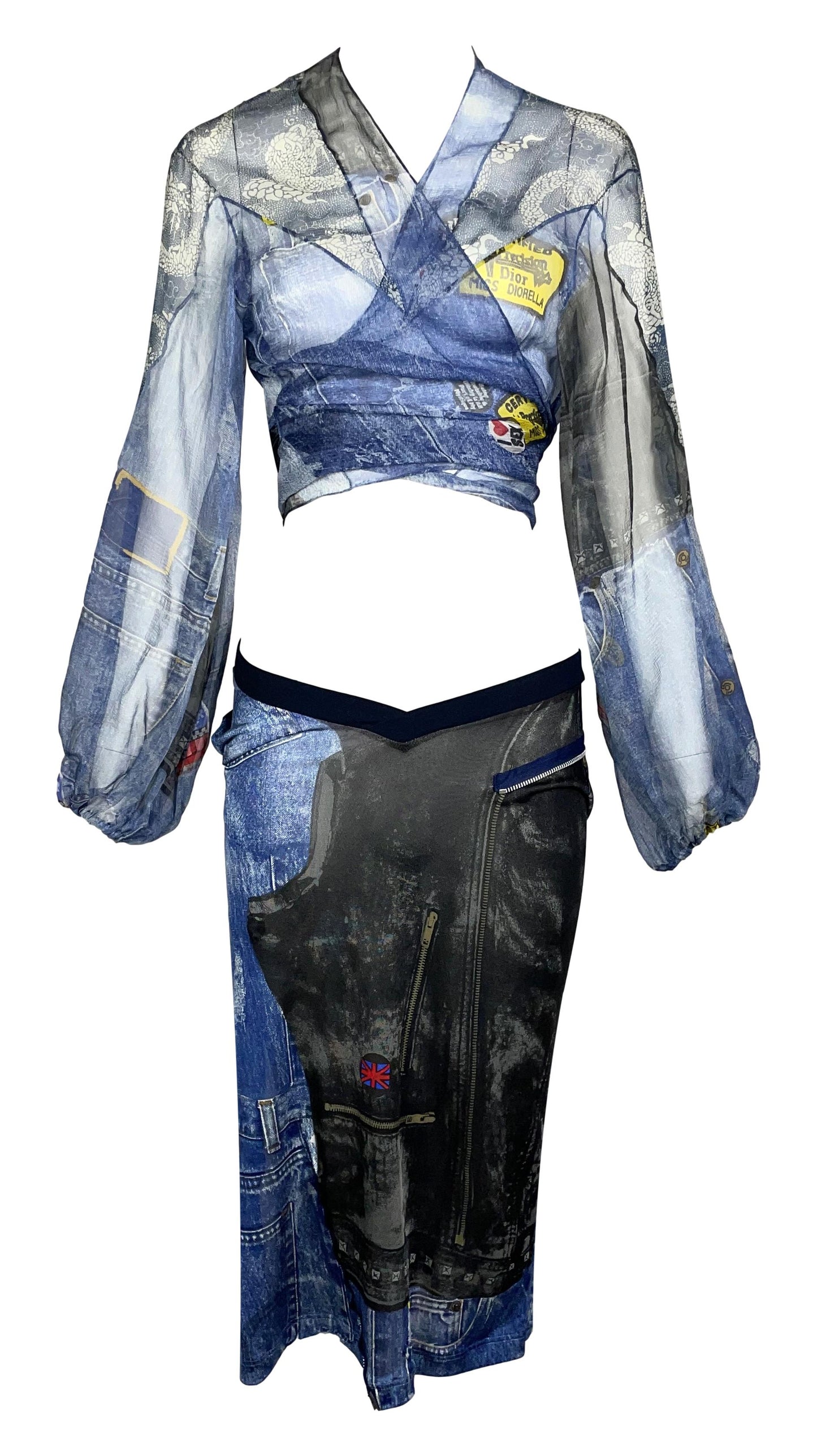 F/W 2001 Christian Dior by John Galliano Trompe L'oeil Sheer Blue Silk Denim Print Crop Top & Zipper Skirt