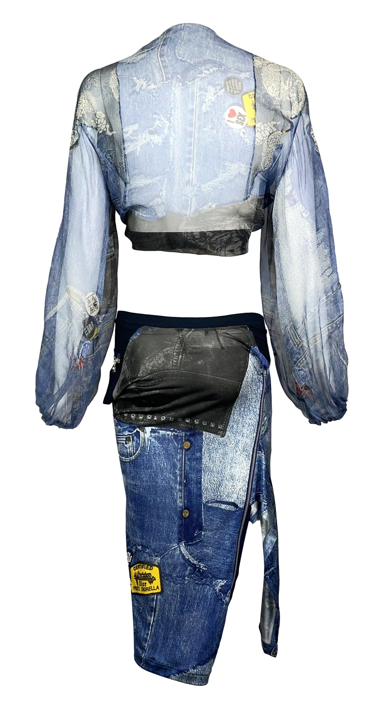 F/W 2001 Christian Dior by John Galliano Trompe L'oeil Sheer Blue Silk Denim Print Crop Top & Zipper Skirt