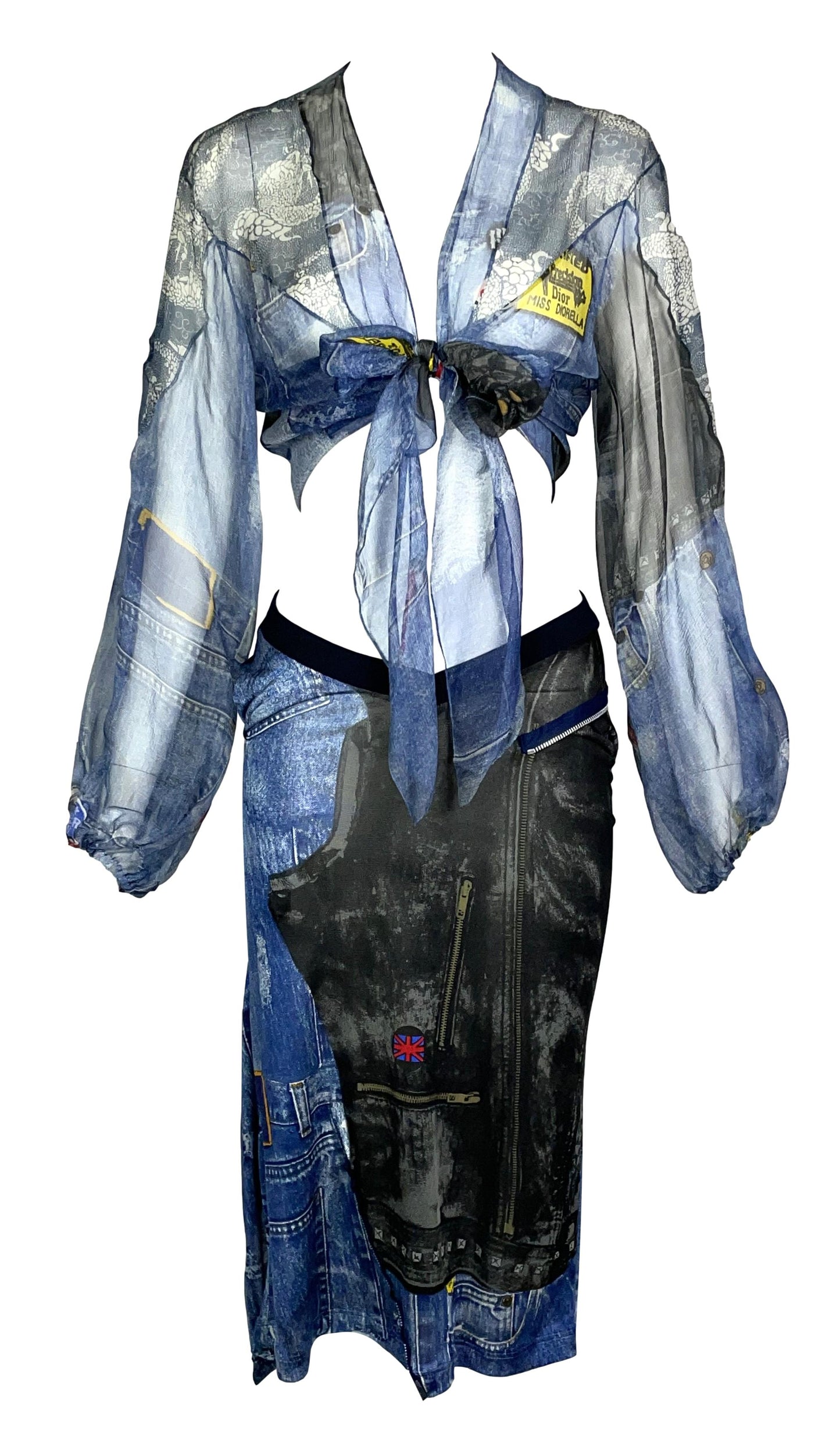 F/W 2001 Christian Dior by John Galliano Trompe L'oeil Sheer Blue Silk Denim Print Crop Top & Zipper Skirt