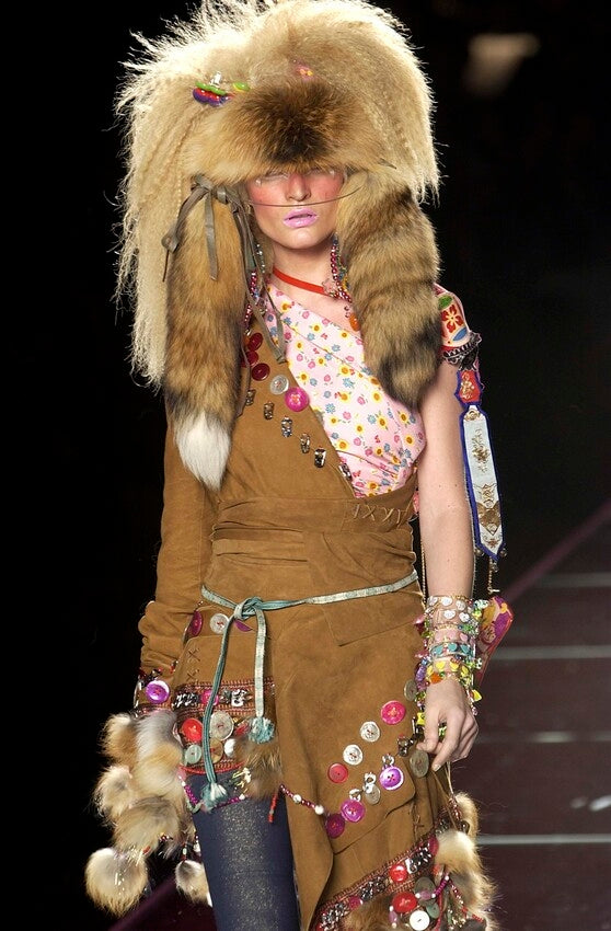 F/W 2001 Christian Dior x John Galliano Haute Couture Runway Open Chest Native American Embellished Fur Leather One Sleeve Mini Dress
