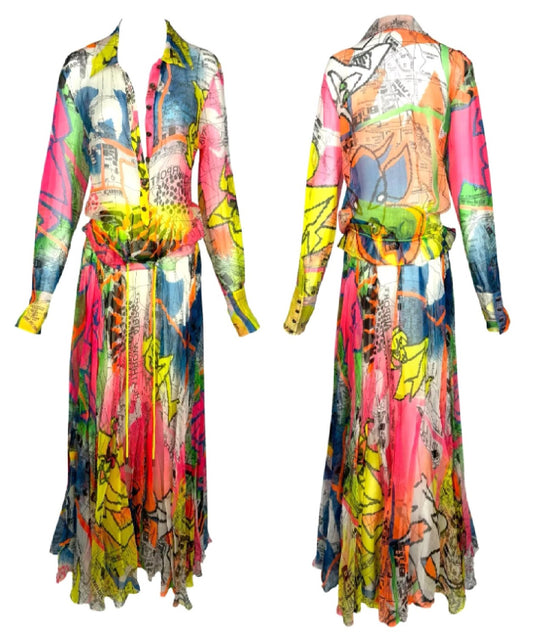 F/W 2001 Christian Dior by John Galliano Neon Map Sheer Top & Skirt Dress Set
