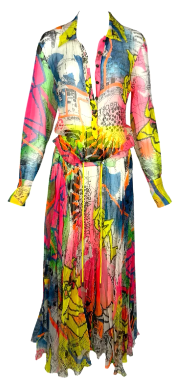 F/W 2001 Christian Dior by John Galliano Neon Map Sheer Top & Skirt Dress Set